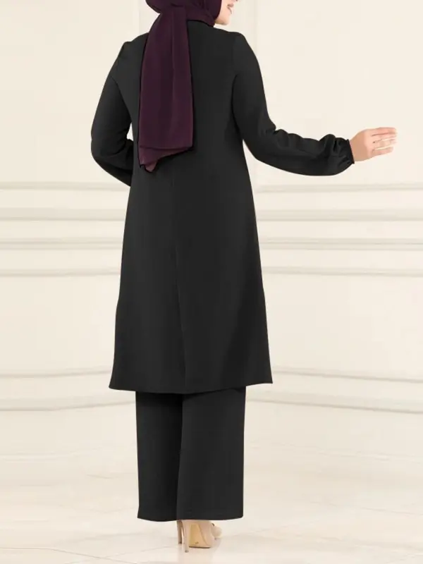 Women's Plain Contrast Sequin Bishop Sleeve Round Neck Top & Wide Leg Pants Islamic Set, Casual Long Sleeve Top & Trousers for Daily Wear, Ladies Islamic Clothing for All Seasons,abaya for women 6