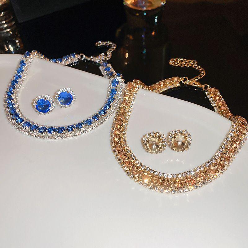 Blue Diamond Necklace Earrings Light Luxury Choker Necklace Clavicle Chain Women's High-Grade Dress Wedding Dinner Accessories 3