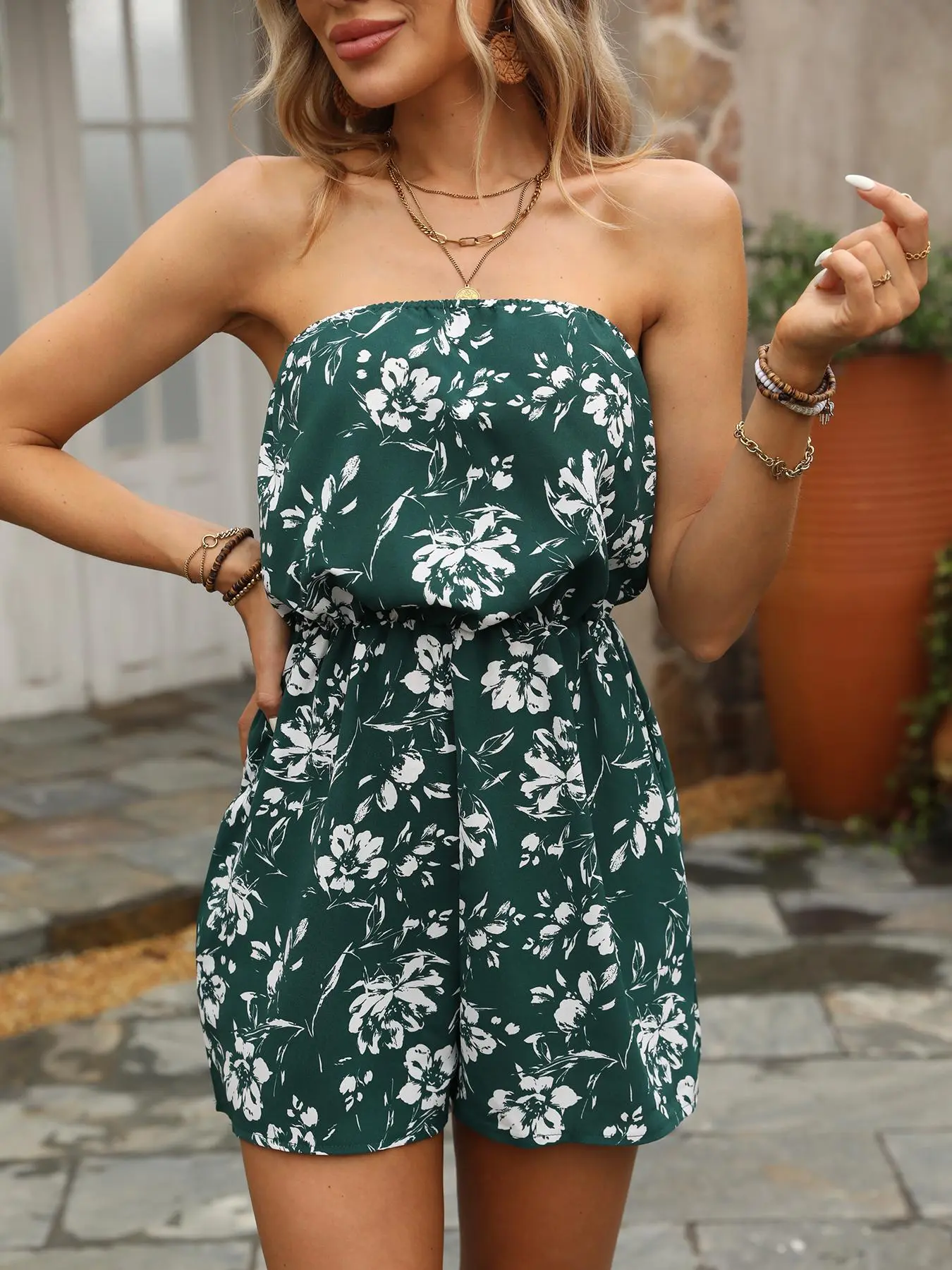 Women's Floral Print Tube Romper, Fashion Casual Strapless Romper for Daily Outdoor Wear, Women Rompers for Summer