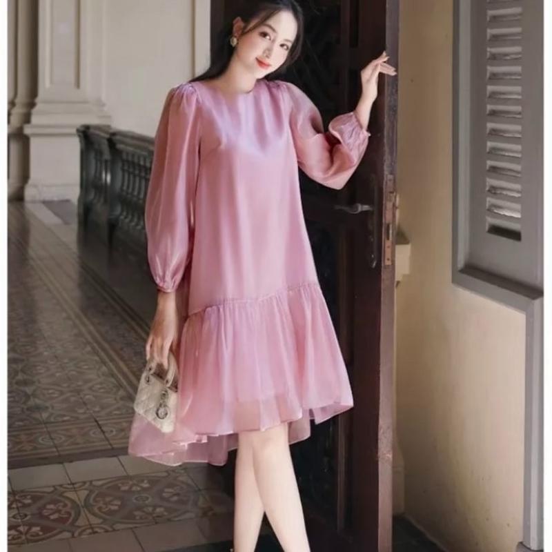 Váy bầu dài tay thiết kế màu hồng organza cao cấp[VB41] 0