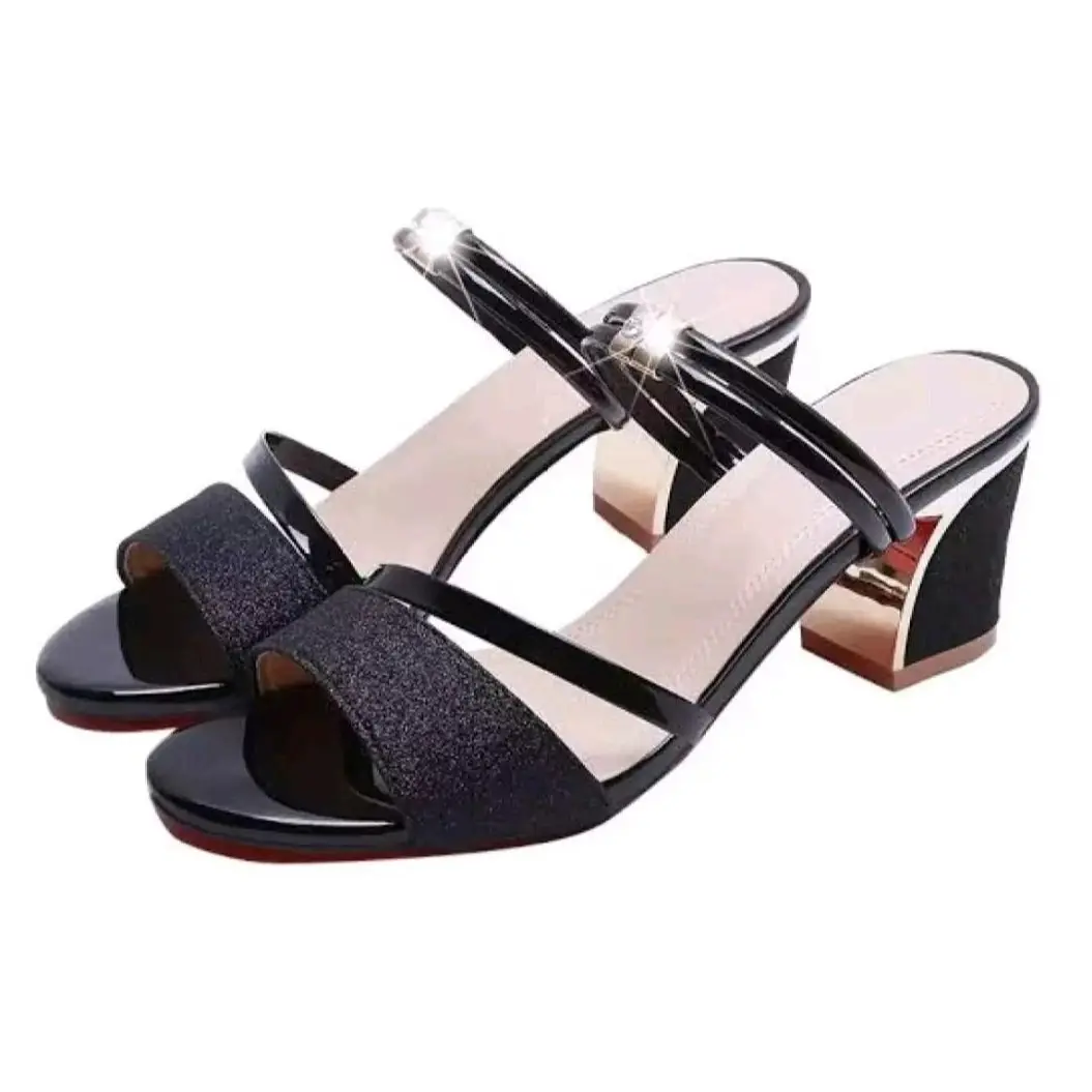 sandal high heels wanita hak 5 cm dubay gliter terbaru kekinian Hitam