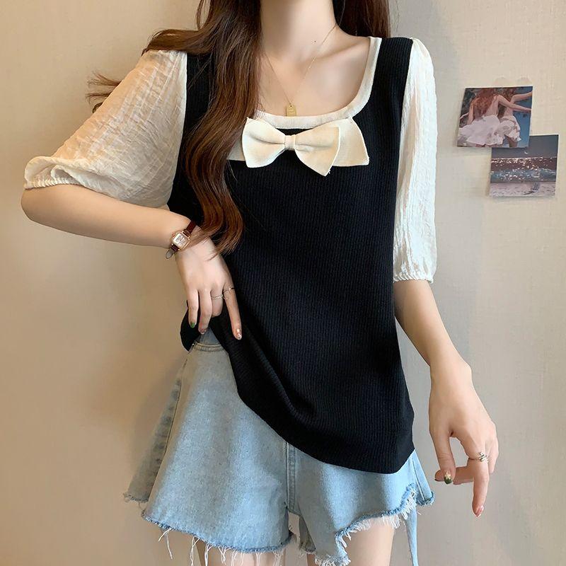 Product Introduction of Plus Size French Square Collar Niche Belly Covering Children Summer Fat Sister Show Stitching Fake Two Pieces Casual Bottoming Shirt 3