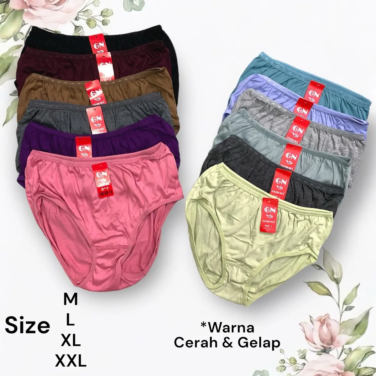 6 Pcs CD Celana Dalam Wanita Perempuan Golden Nick GN Dewasa Remaja Katun Jumbo Big Size M L XL XXL 2XL 3L 939 937  Warna Gelap Tua Berkualitas Setrip Seksi Bunga Manis Polos Lucu Poliester Polka Dot Katun Motif Nyaman