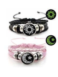 Pulseras a juego de Luna y Sol que brillan en la noche, estilo punk ajustable de cuero trenzado, joyería de pareja, accesorio casual para él y ella