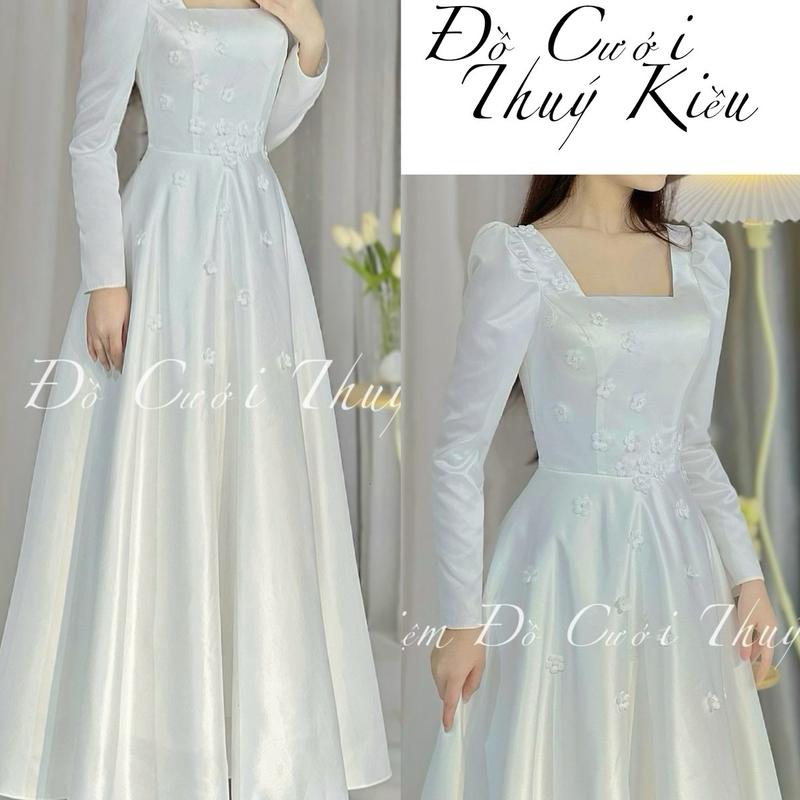 Váy đi bàn, đi tiệc, váy cưới cô dâu tay dài, cổ vuông chất phi đính hoa nổi nhẹ nhàng