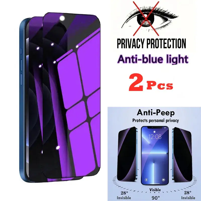 2PCs anti blue light privacy tempered glass for iPhone 15 Pro Max 14 plus 13 12 mini 11 eye protection clear screen protector