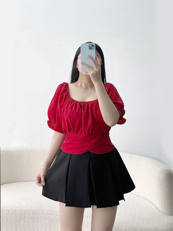 Áo sơ mi kiểu bigsize nữ tay ngắn nhún ngực và tay cột nơ phía sau - AT9