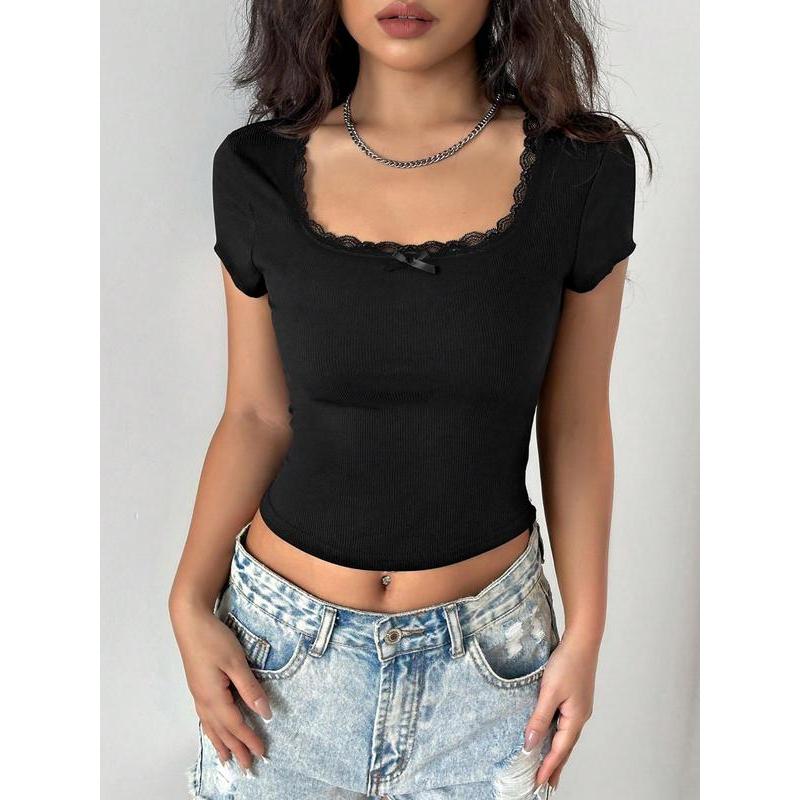 Women's Plain Lace Trim Ribbed Crop Tee, Casual Short Sleeve T-shirt for Summer, Ladies Clothes for Daily Wear 3