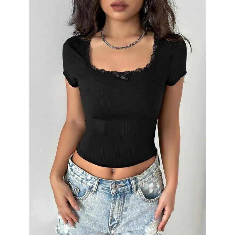 Women's Plain Lace Trim Ribbed Crop Tee, Casual Short Sleeve T-shirt for Summer, Ladies Clothes for Daily Wear 3