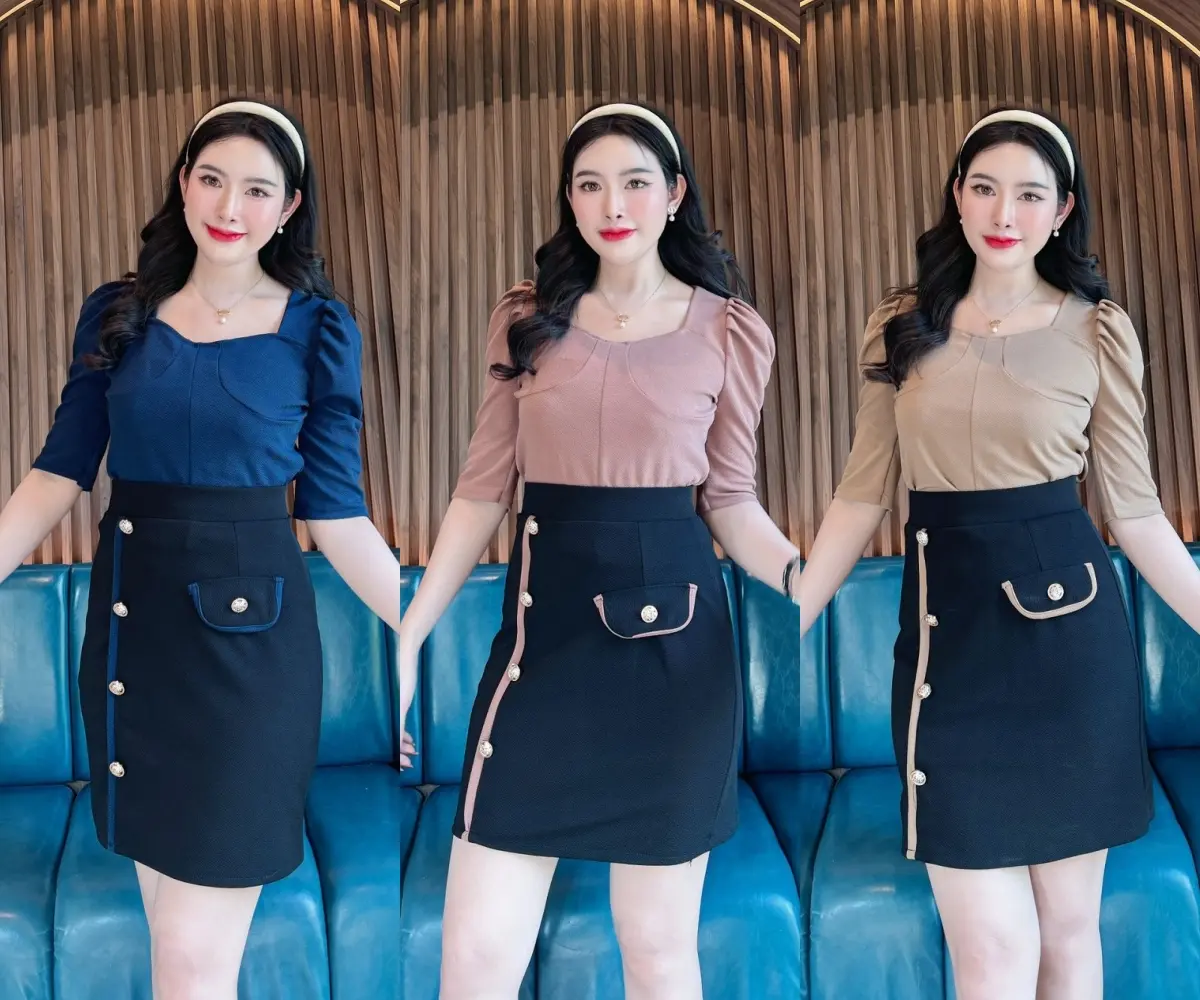 ชุดเซตผ้าวูลเวฟทรูโทน เสื้อแขนทรงเจ้าหญิง+กระโปรงแต่งกุ้นข้างแต่งกระเป๋ากระดุมเมอแรง (K88,K108) A3941