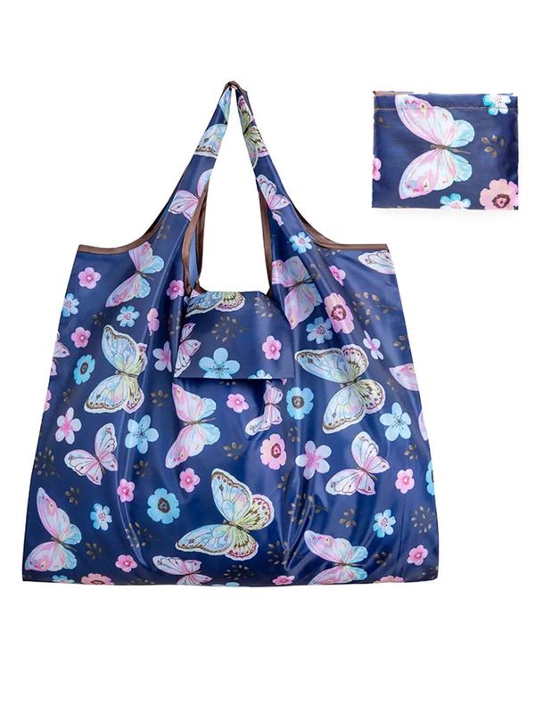 Colorblock Butterfly Print Foldable Shopping Bag, Casual Large Capacity Folding Travel Bag, Fashionable Reusable Bag for Women & Men 2