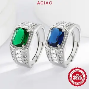 AGIAO Cincin Hijau Emas Platinum Zircon Biru Asli Fashion Pria