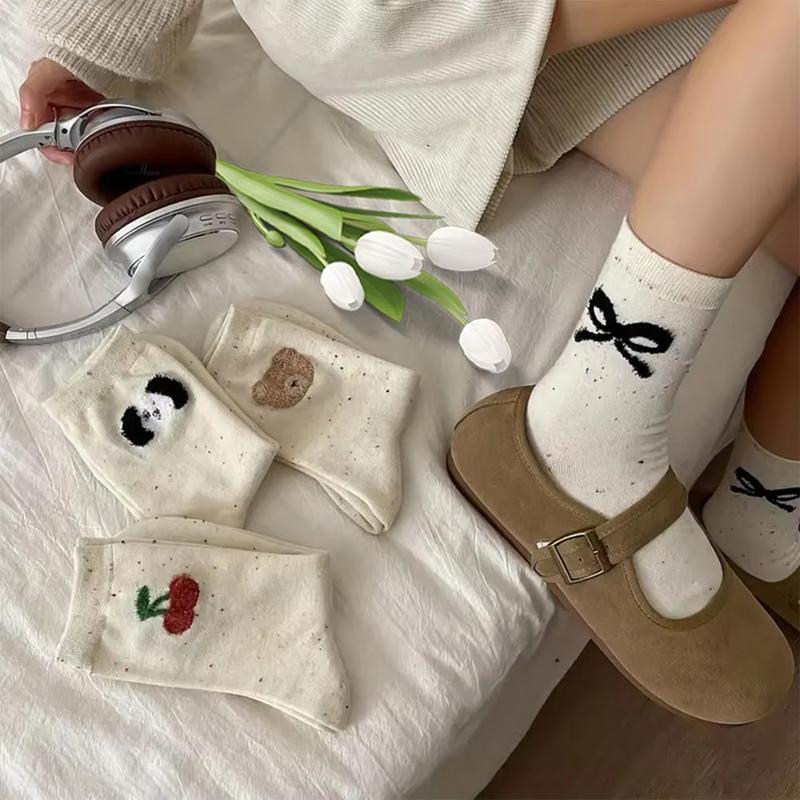 Tất Cao Cho Nữ, Màu Muối Và Hạt Tiêu, Họa Tiết GẤU CHERRY, Phong Cách Hàn Quốc 5