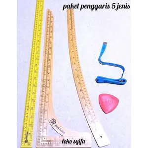 penggaris pola jahit paket isi 5 jenis  / penggaris besar siku. penggaris besar lurus .penggaris besar blengkung .meteran warna acak  kapur warna acak alat menjahit