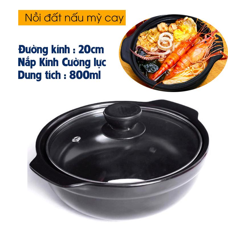 Nồi Đất Đỉnh 8" Chuyên Nấu Mỳ Cay kèm nắp kính - Nồi Gốm Sứ có vung Chuyên Kho Cá, Nấu Canh, Kho Cá, thịt, Kho tộ Giữ Nóng lâu