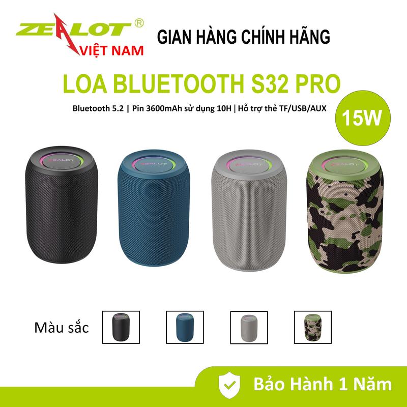 Loa Bluetooth ZEALOT S32 Pro Công Suất 15W, Pin 3000mAh, Chống nước IPX7, Hỗ trợ Phát nhạc Qua Thẻ TF/USB/AUX/TWS - Bảo hành chính hãng 12 tháng Củ Loa Nghe Nhạc Củ Loa Nghe Nhạc