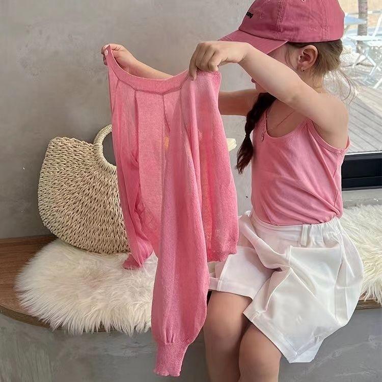 Áo Cardigan Dệt Kim, Màu Trơn Áo Khoác Chống Nắng, Quần Áo Trẻ Em Mùa Hè, Phong Cách Phương Tây Của Trẻ Sơ Sinh, Nhẹ, Thoáng Khí, Dễ Phối Đồ, Áo Sơ Mi Điều Hòa Không Khí, Hàng Đầu 3