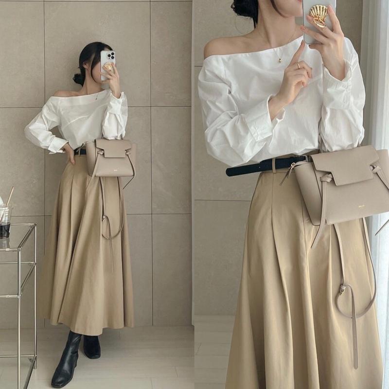   Tặng Kèm Đai : Set Sơ Mi Trắng Cổ Thuyền Lệch Vai Mix Chân Váy Kaki Nâu Be Dáng Dài Cá Tính  Ảnh Thật Trải Sàn  Lollaye 