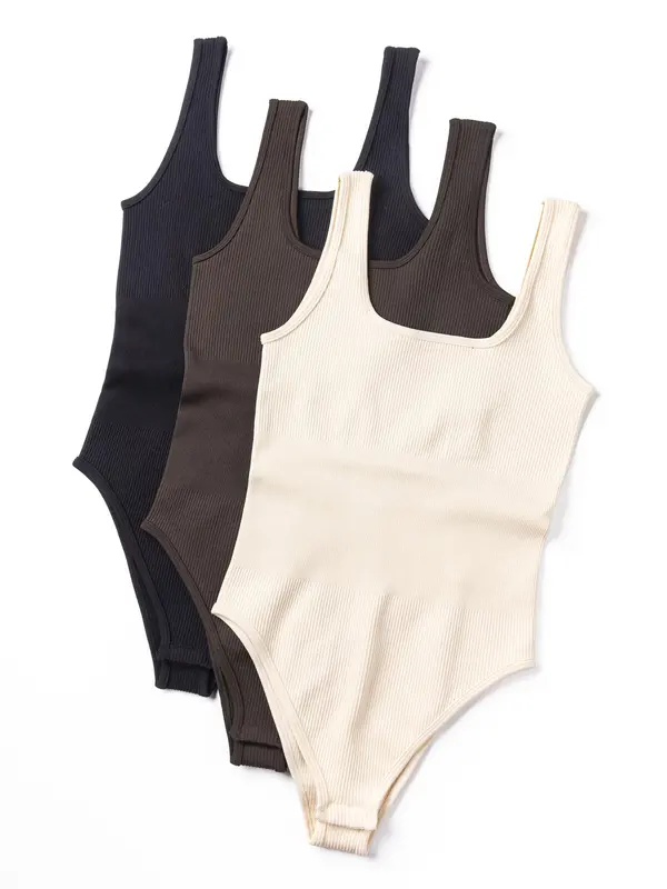 Women's Solid Ribbed Bodysuit, Summer Clothes for Women, Casual Sleeveless Bodysuit for Summer, Ladies Clothes for Daily Wear 3