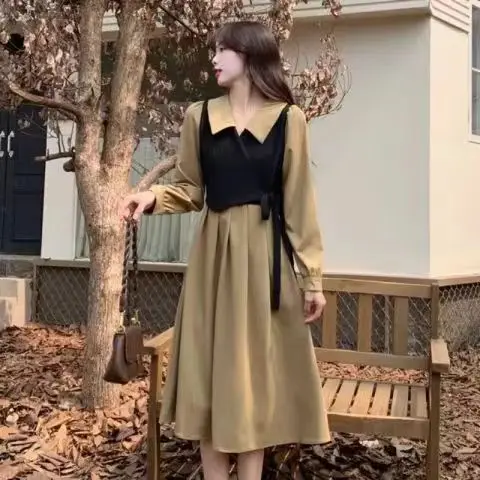 French Style Long Sleeve Polo Dress Fake Two Pieces Dress Women's Spring and Autumn New plus Size Waist Trimming Slim Hepburn Style Dress Casual Womenswear Lingerie Summer