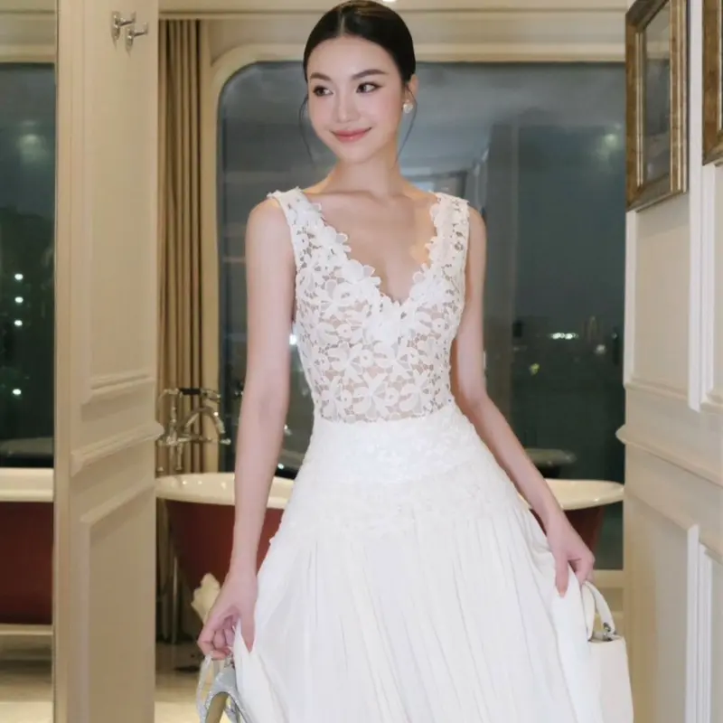 Sét thiết kế - Sét áo ren hoa phối chân váy xoè nhún dáng dài 1337-CN Women Nữ Top Nhung Viền Ren 4