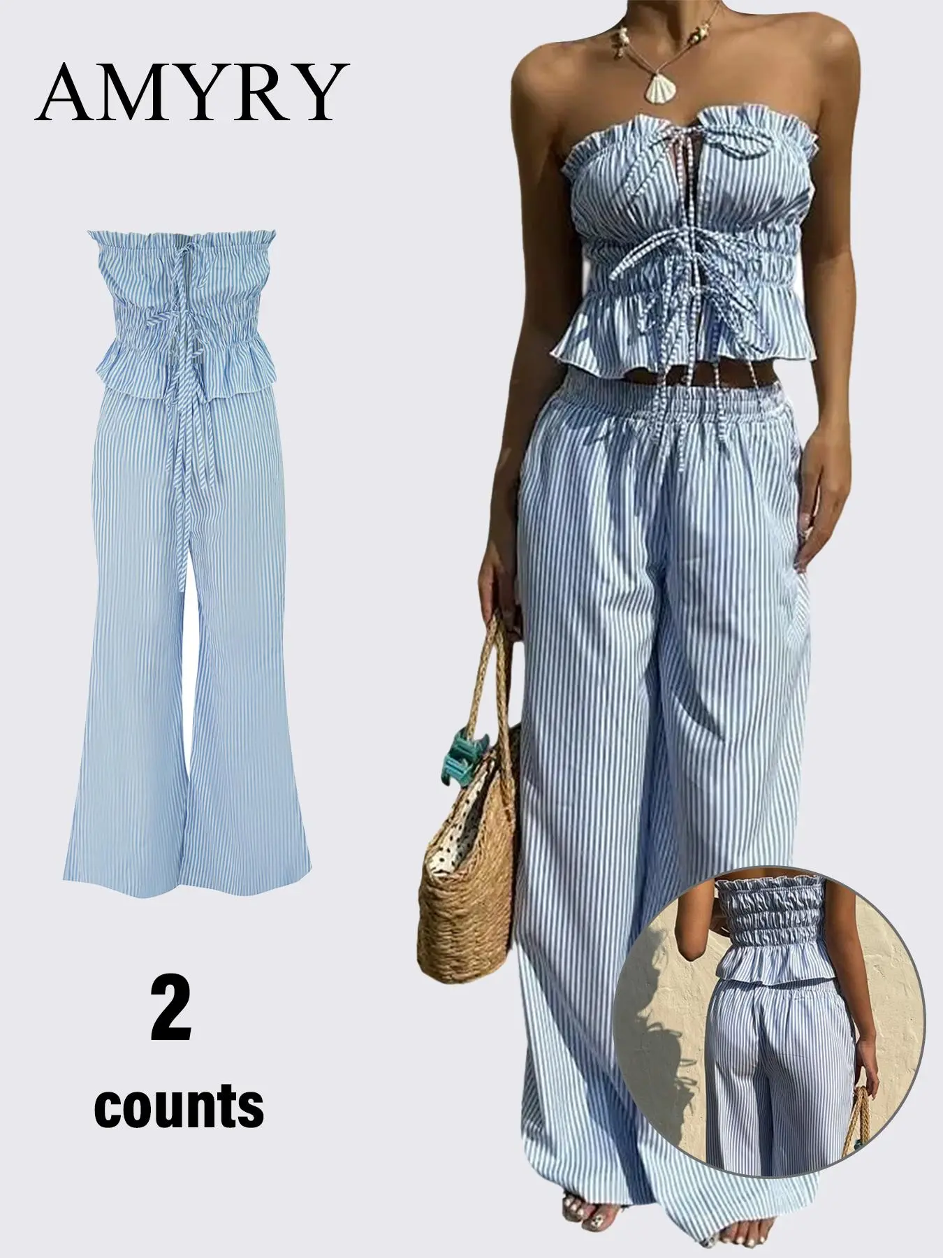 Two-Piece Set Women's Striped Print Tube Top & Wide Leg Pants, Casual Sleeveless Top & Trousers for Summer, Ladies Clothes for Daily Wear, Womenswear