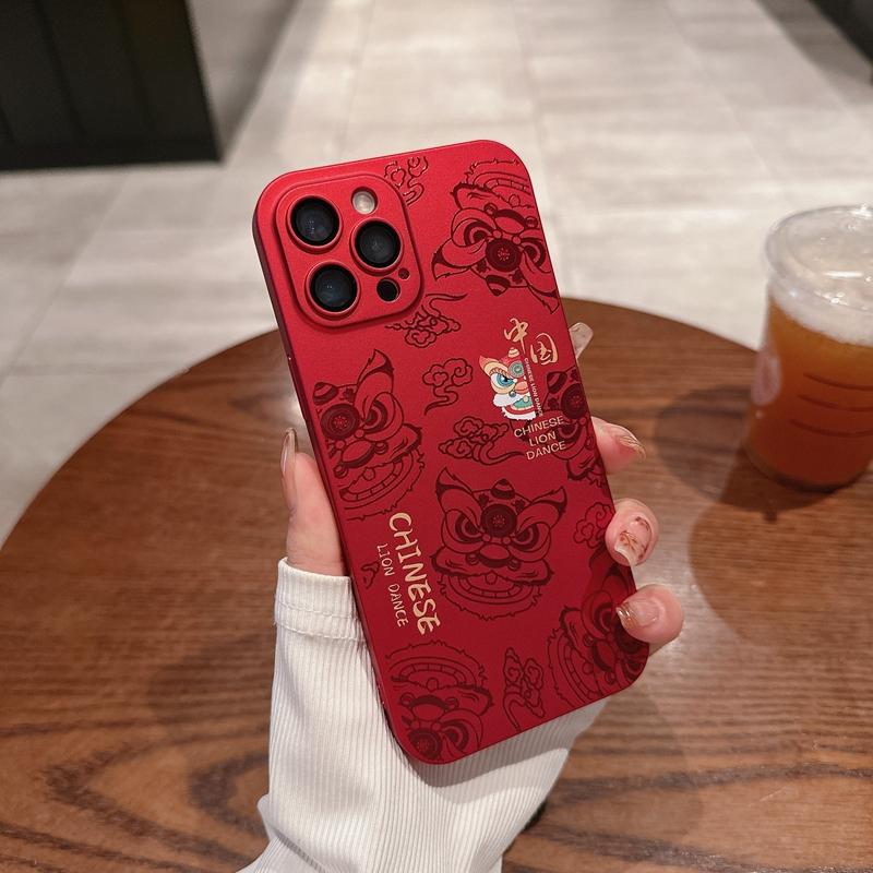 Ốp Cứng Màu Đỏ, Bao Gồm Tất Cả, Ốp Điện Thoại Chống Rơi, Thích Hợp Cho Apple 16, 15, 14, 13, 12, 11, Pro, Pro Max, X, Xs, XR, Xs Max, Múa Sư Tử Rồng Năm Mới Với Phim Ống Kính