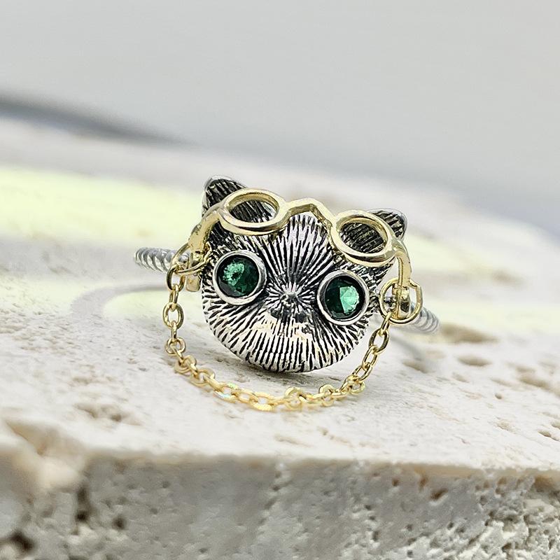 925 Sterling Silver Doctor Cat Ring with 18K Gold Plated Glasses0