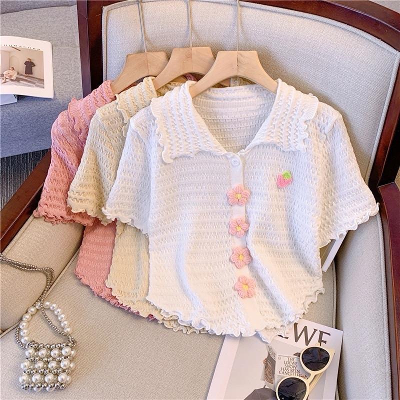 Top Áo Len Nữ Tiểu Thư Hàng Quảng Châu Đính Hoa Nổi (Hoa To) Xinh Xắn Women Top Nhung Voi