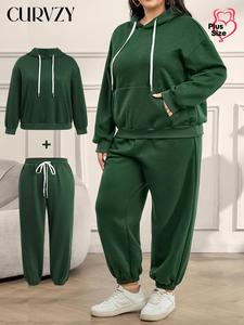 CURVZY Plus Size Two-Piece Set Solid Drop Shoulder Hoodie & Drawstring Waist Pants, Casual Fashion Cozy Breathable Outfits for Daily Outdoor Wear, Women Clothing for Fall & Winter