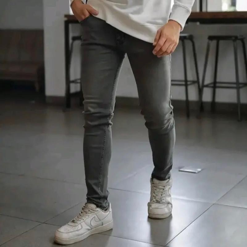 Celana panjang abu celana panjang pria jeans slimfit Polos 0