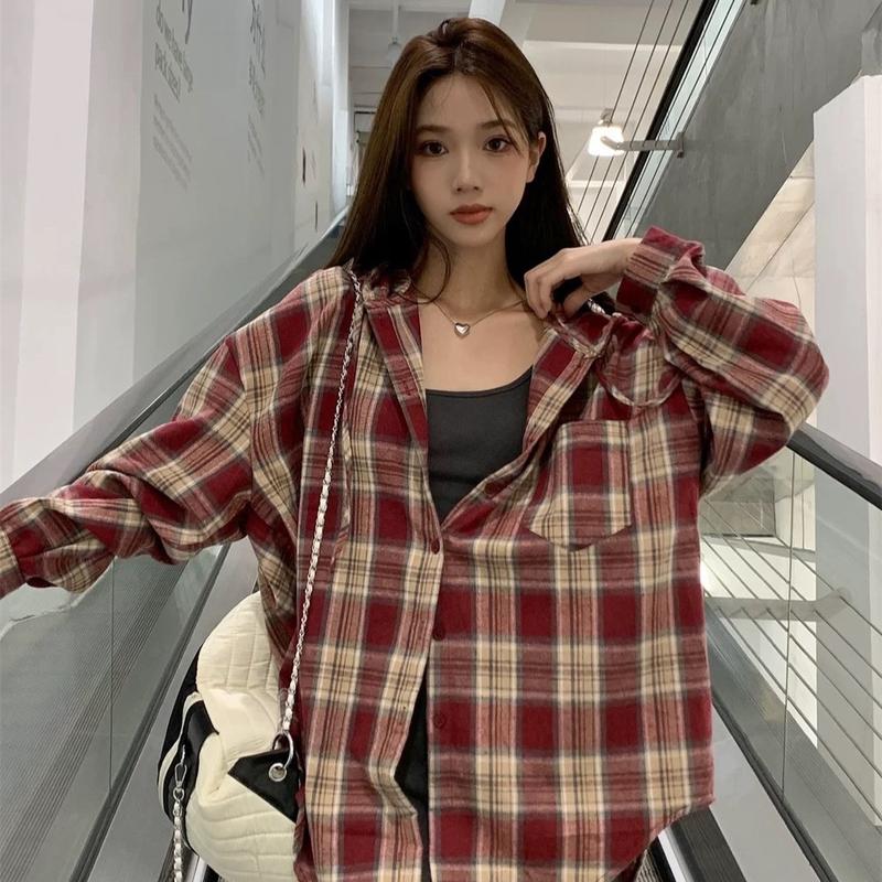 Áo khoác sơ mi cotton flanel có nón và không nón dài tay caro from rộng Nam Nữ Unisex Menswear Top