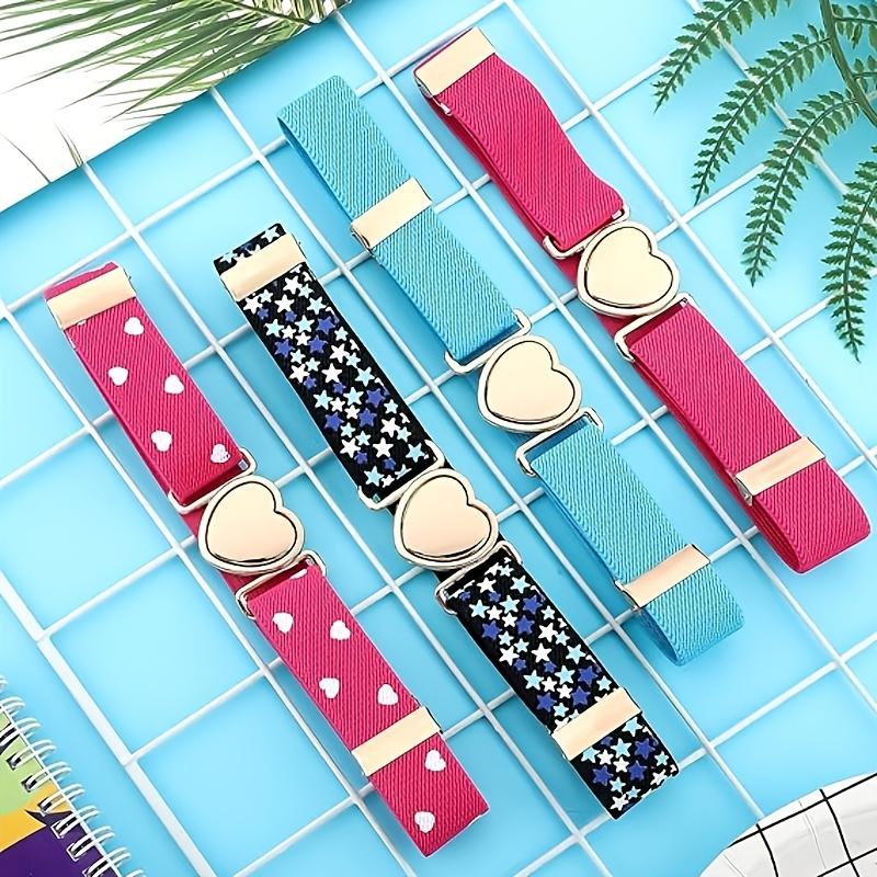 4pcs Girls' Elastic Stretch Belts with Heart Buckle - Casual, Comfortable Waistbands in Blue, Black, and Pink Patterns for Casual Attire 3