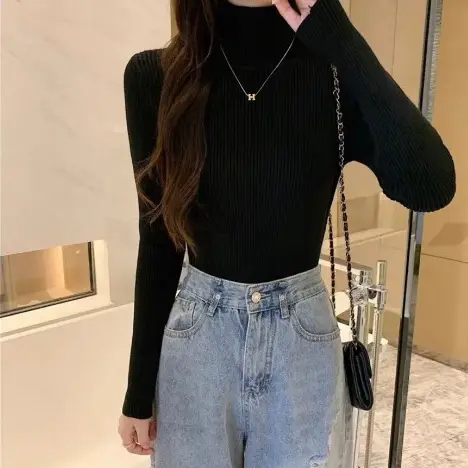 Áo len tăm cổ lọ 7cm dài tay dáng ôm body giữ nhiệt co dãn cho nữ Women áo  len áo  len Top Nhung 1