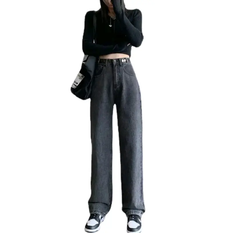 Celana Highwaist Jeans Wanita pinggang kancing yang dapat di sesuaikan GREY 2