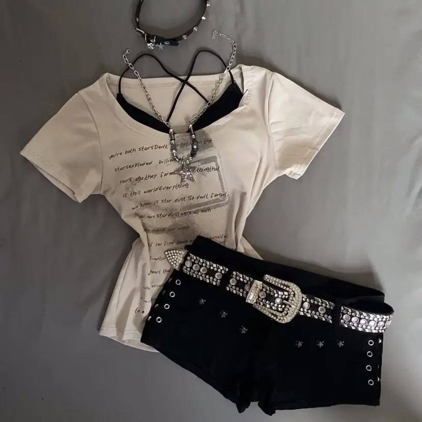 Áo Thun Cotton Nguyên Chất, Phong Cách Cổ Điển Mỹ In Bóng Bảng Chữ Cái, Ngắn Tay, Dành Cho Nữ, Áo Vai Cô Gái Nóng Bỏng Mùa Hè, Mẫu Thiết Kế, Năm 2024