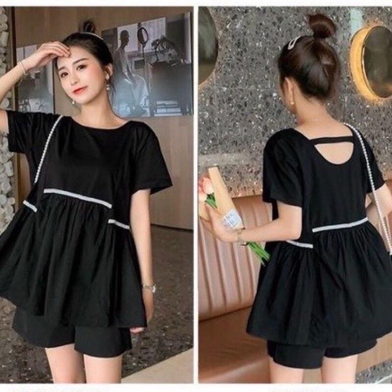 Đồ bầu bộ, đồ bộ trước và sau sinh cho mẹ hàng loại 1 đủ size 40-75kg cộc tay viền trắng V37 Bà bầu, thai sản Đầm Bầu Váy Bầu Dây rút Beige