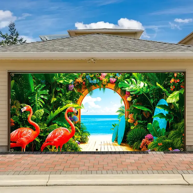 Flamingo & Tropical Plant Pattern Garage Door Banner, 1 Count Durable Garage Door Decoration, Home Decor Supplies for Farmhouse Party 3