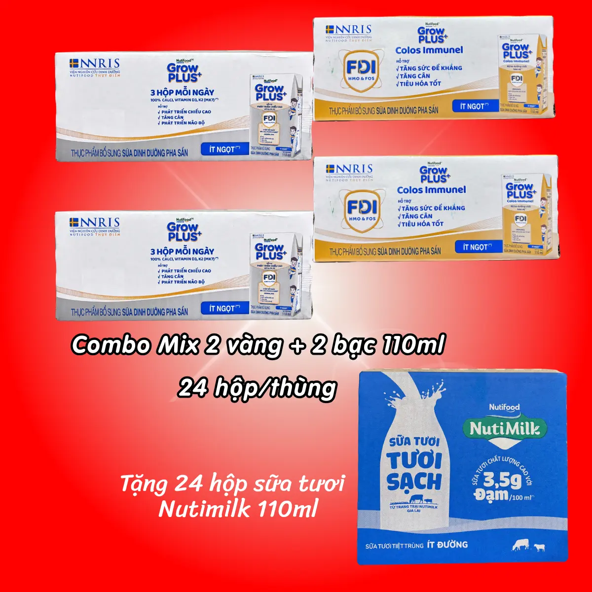 [Độc quyền KOC] Combo 4 thùng 2 vàng + 2 bạc (24 hộp/thùng - 96 hộp 4 thùng) Growplus sữa nước công thức cho bé hộp 110ml - TẶNG 1 THÙNG NUTIMILK  24 HỘP 110ML
