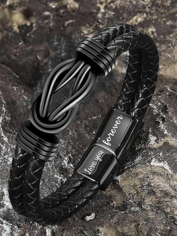 Men's Simple Style Plain Color Braided Textured Synthetic Leather Bracelet with Letters Pattern, Casual Trendy Bracelet with Knot Design, Fashionable Accessories for Daily & Party Decoration, Christmas Gifts for Boyfriend 3