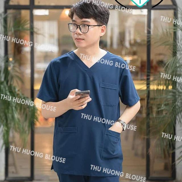 Đồng Phục Spa, Bộ Cổ Tim Xanh Than Vải Cotton Lạnh scrub  scotim Women Nữ Top