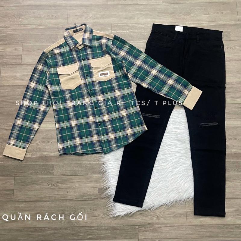Bộ đồ gồm áo và quần ( Áo sơ mi  chất liệu kate nỉ hoạ tiết ca rô MÀU XANH phối với quần jeans đen co giản , rách ở gối ôm gọn co giản) size từ 45kg- 75kg dành cho Nam  Menswear