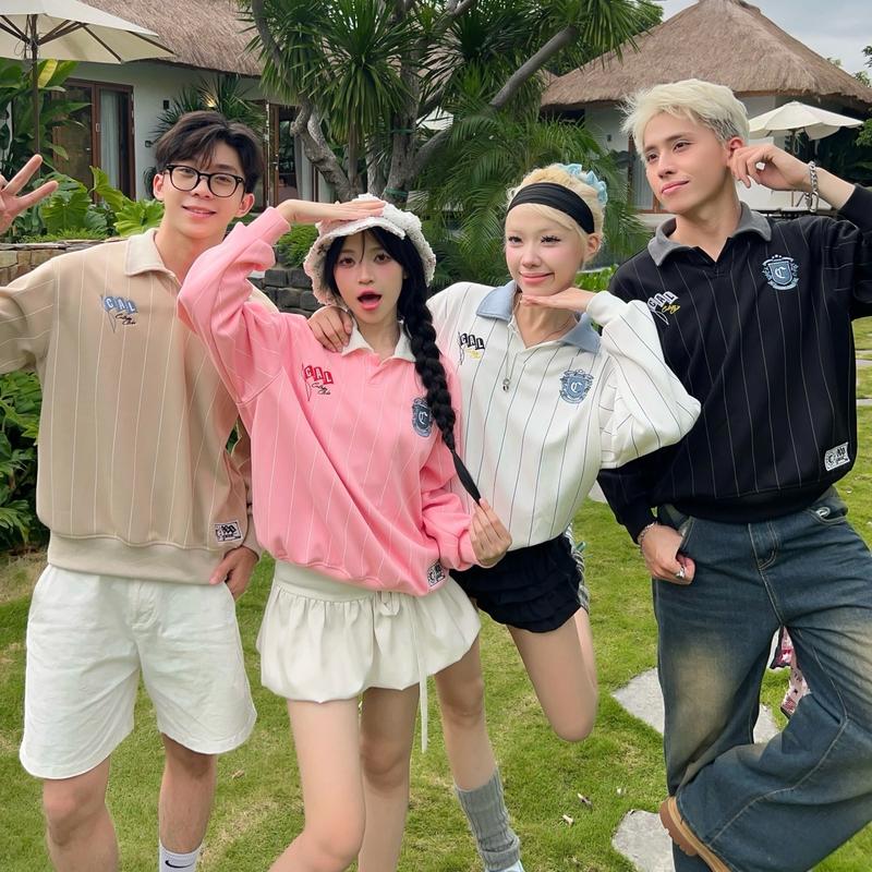 [KHÔNG XÙ LÔNG] Áo Polo Sweatshirt SIGNATURE DETAIL nỉ 2 da kiểu dáng tay dài cổ bẻ họa tiết thêu và kẻ sọc form Boxy nam nữ Top Women áo nỉ sweater