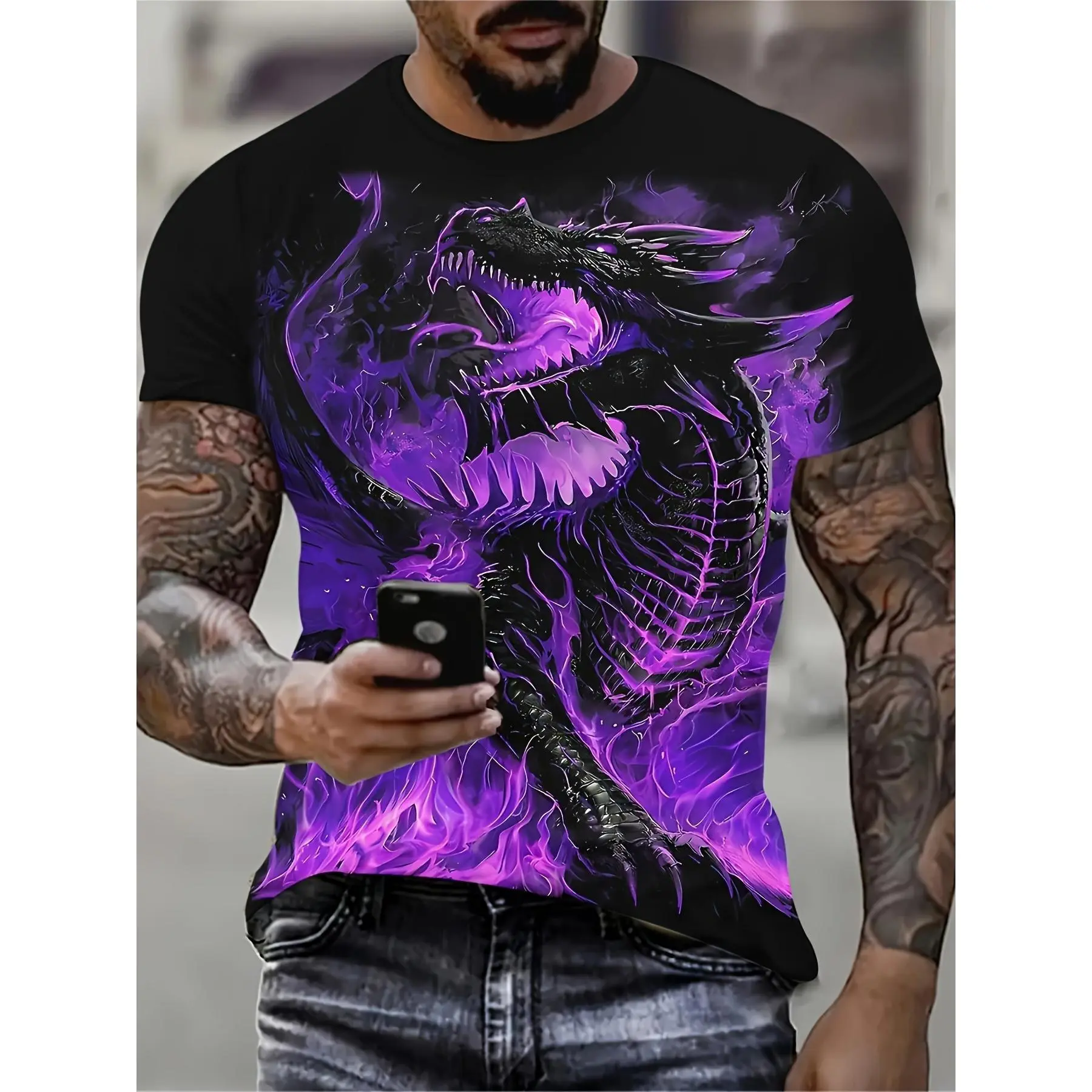 Men's breathable Magic Dragon 3D digital printed short sleeved T-shirt, casual street fashion, round neck, men's summer casual wear, suitable for running, fitness, daily wear