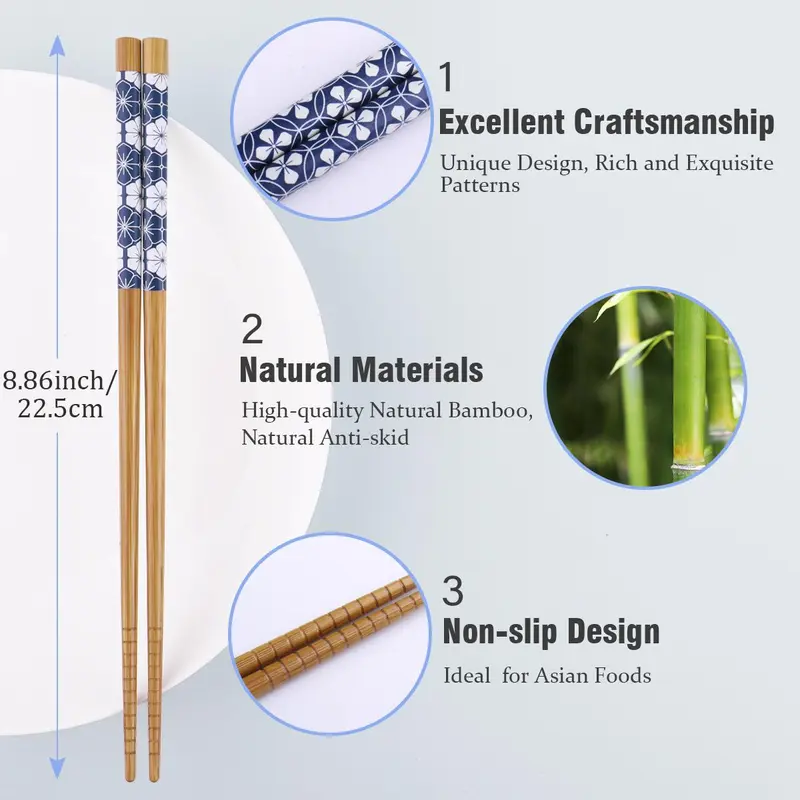 5 Pairs Bamboo Chopsticks, Reusable Lightweight Chopsticks, Portable Non-slip Chopsticks for Home Festival Party 1