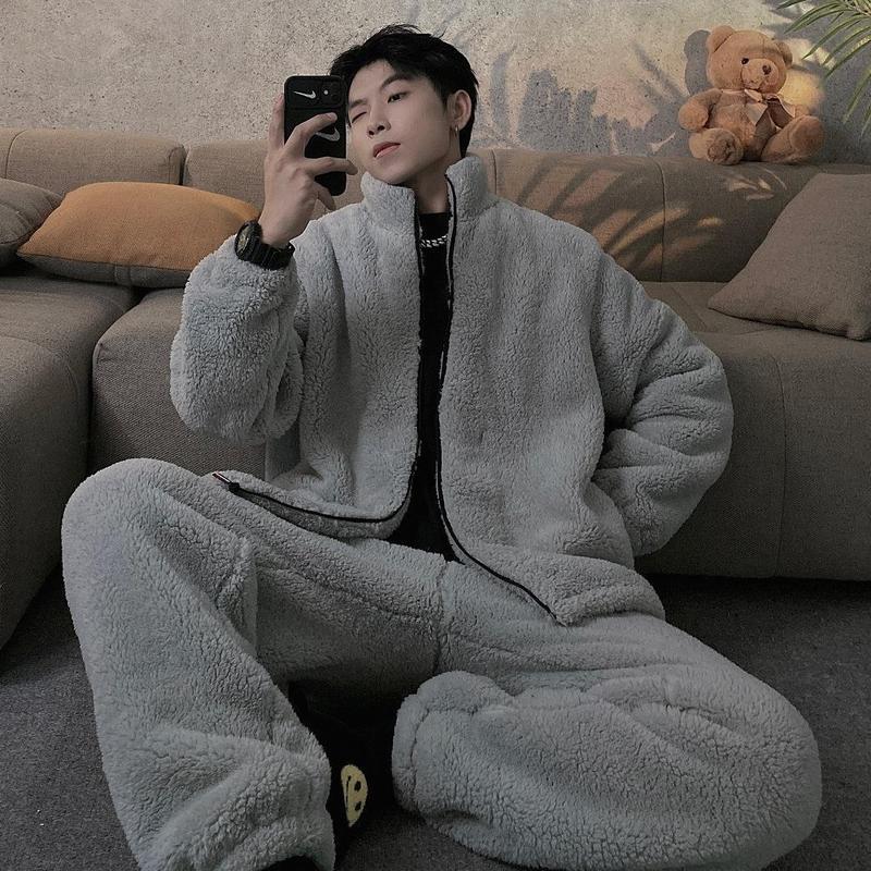 INS-Bộ Đồ Ngủ Mùa Thu Và Mùa Đông Cho Nam, Bộ Đồ Lông Cừu San Hô Nhung Dày, Vải Flanen Ngoại Cỡ Mới Áo Menswear