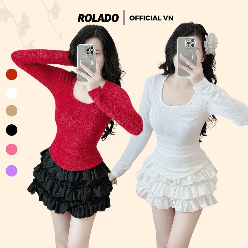 Set áo ôm body tay dài cổ vuông, chất vải lông cừu mềm mại nhiều màu, kèm chân váy voan tầng ROLADO mặc đi chơi Noel, chơi Tết