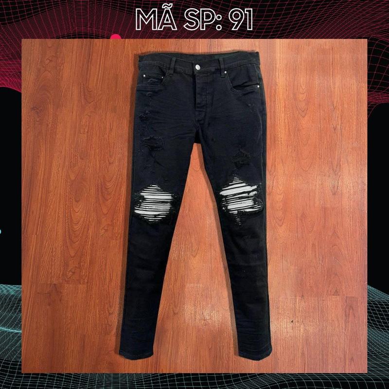  Quần jean nam đen đậm rách gối vá da trắng dáng from skinny mới QN91 co dãn tốt Menswear Pants 
