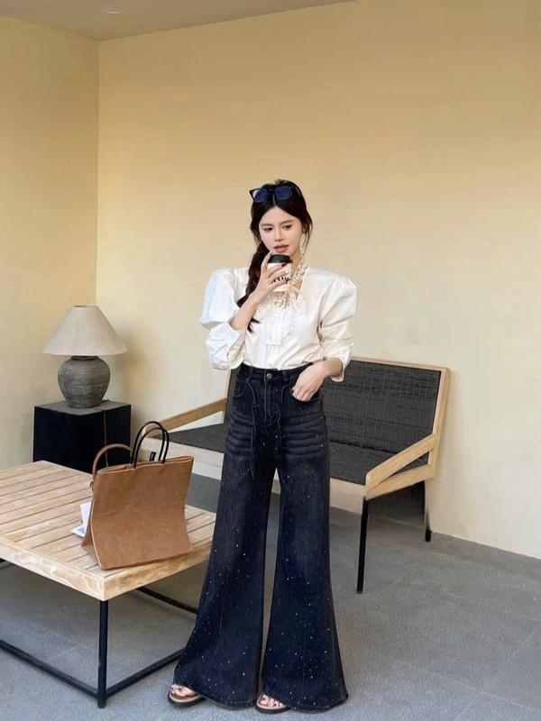 (QB519) Quần jean ống rộng loe màu mài ánh bạc cạp phối dây MAIDO TRENDY Nữ Pants 0