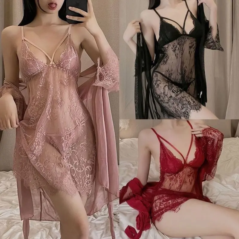 Three-Piece Set Transparent Plus Size Camisole Nightdress Sexy Thin Sleepwear Underwire Lace Ice Silk Small Chest Gathered Lingerie